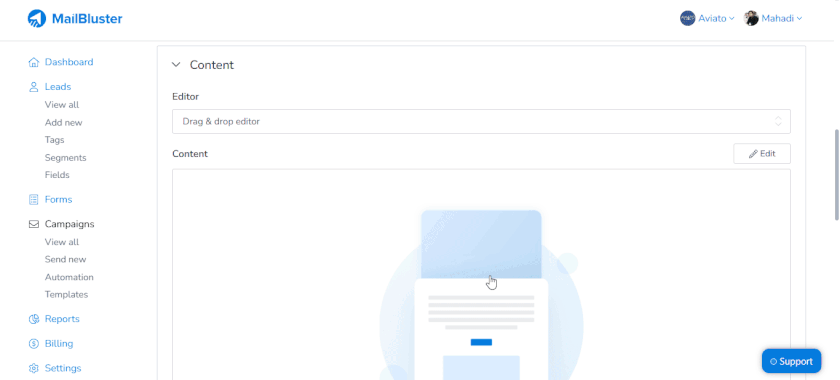 Content to template section on MailBluster