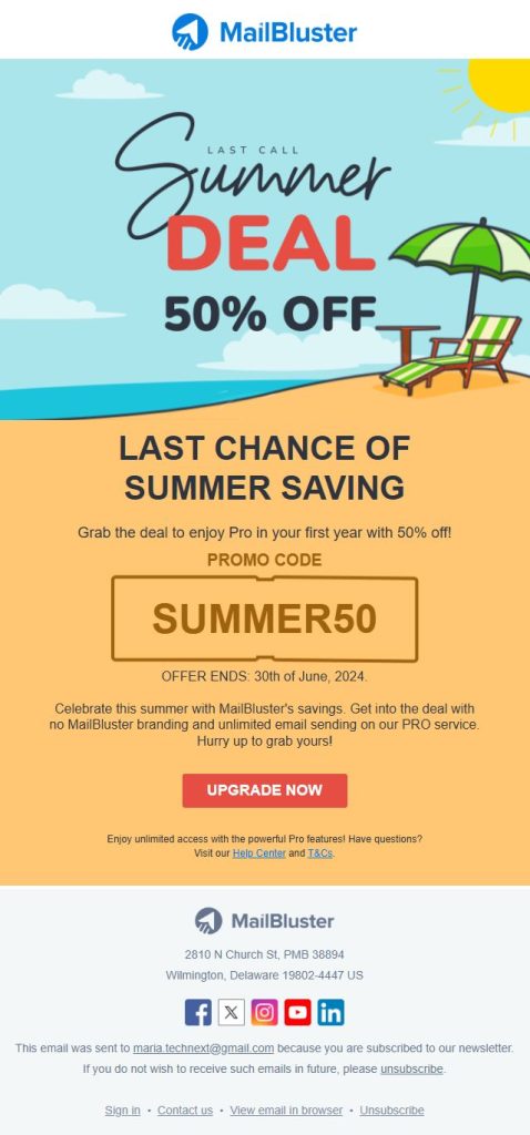Summer deal newsletter from MailBluster