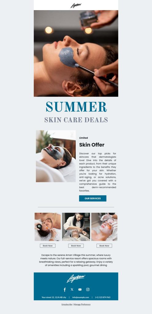 Summer skincare newsletter template from MailBluster for salon offer