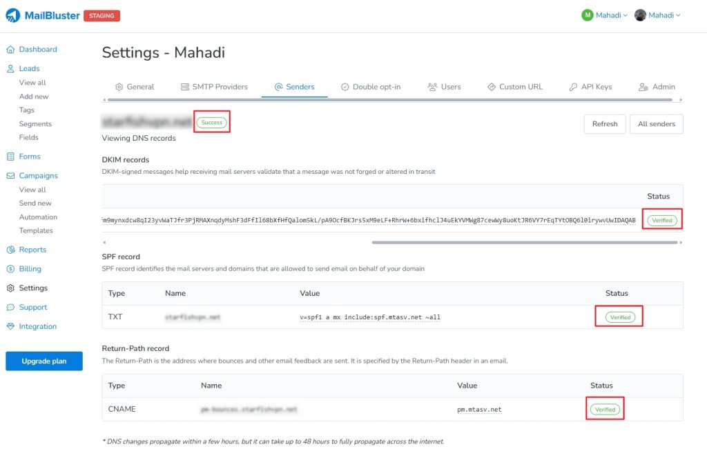 DNS records are verfied on MailBluster