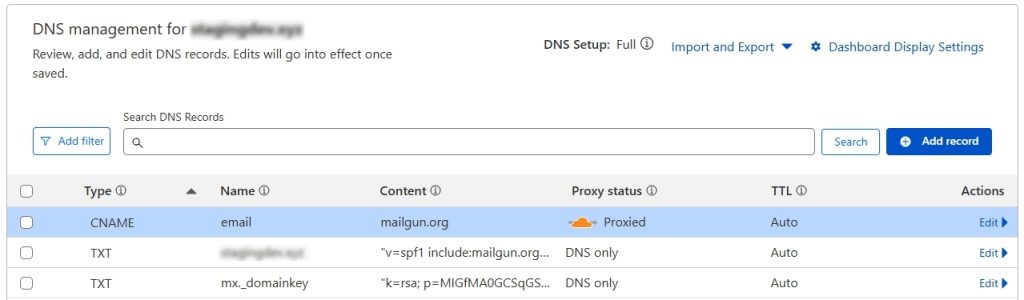 DNS management for mailgun on Cloudflare