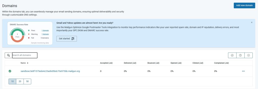 Add new domain in Mailgun
