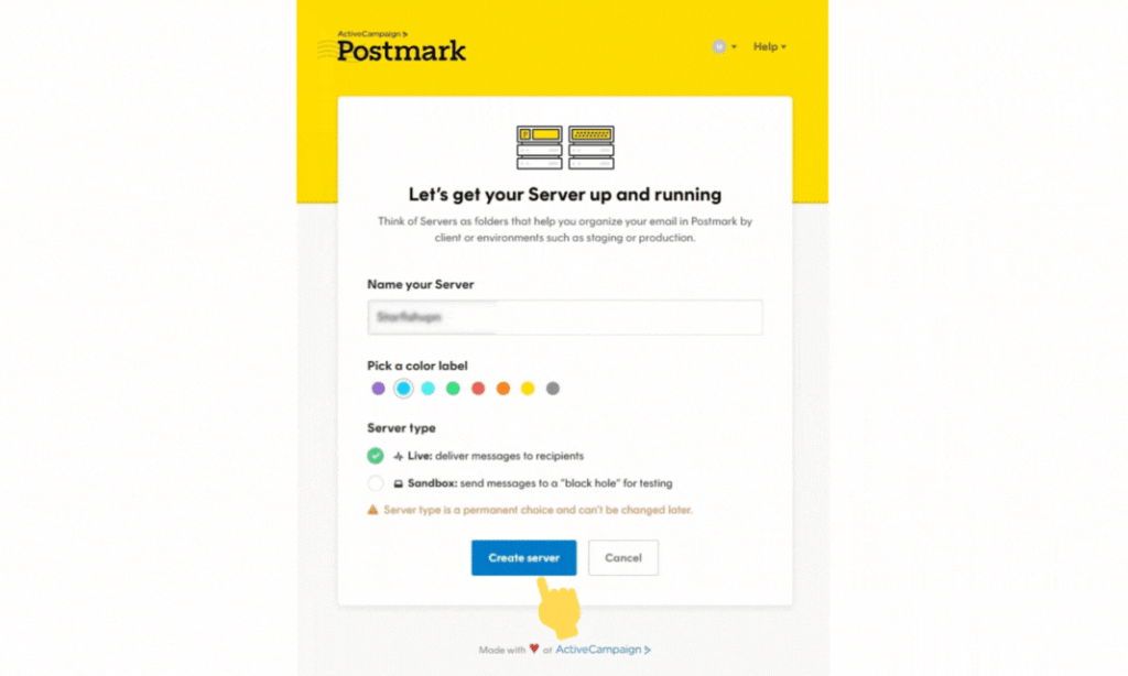 Postmark Name and Create server