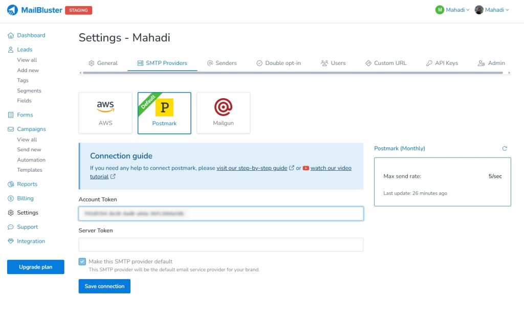 Account token for Postmark on MailBluster