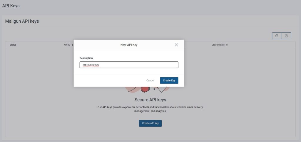 Adding description to the API key on Mailgun