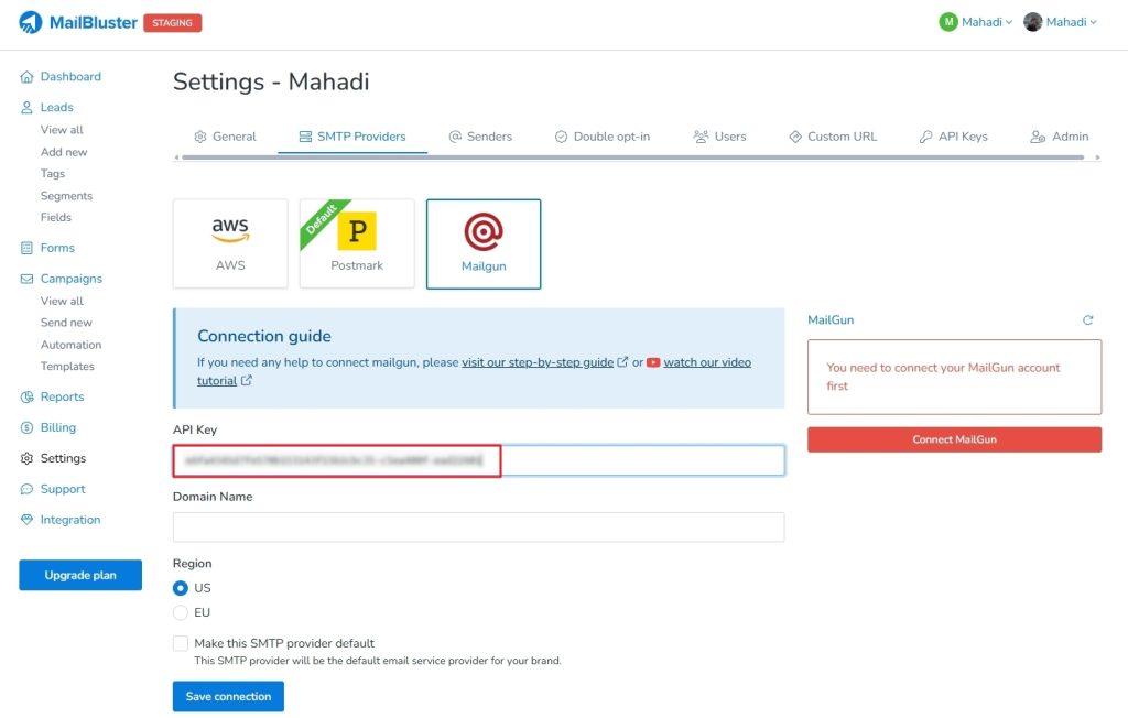 SMTP providers API key pasting