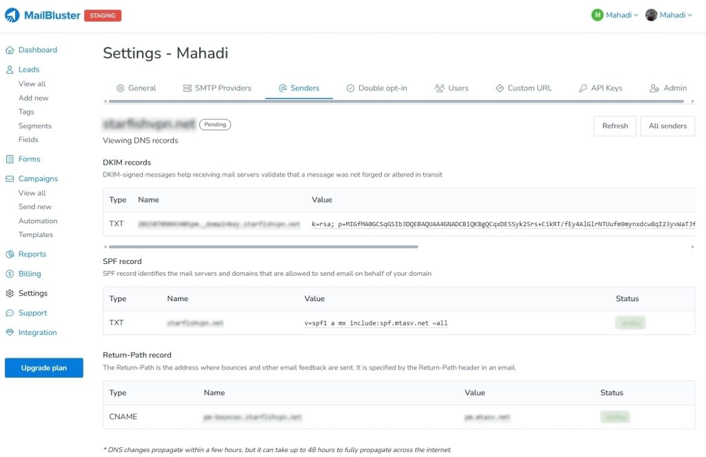 DNS records and Settings on MailBluster