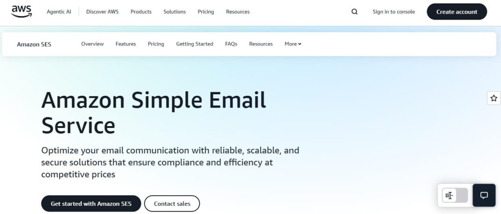 Amazon SES homepage
