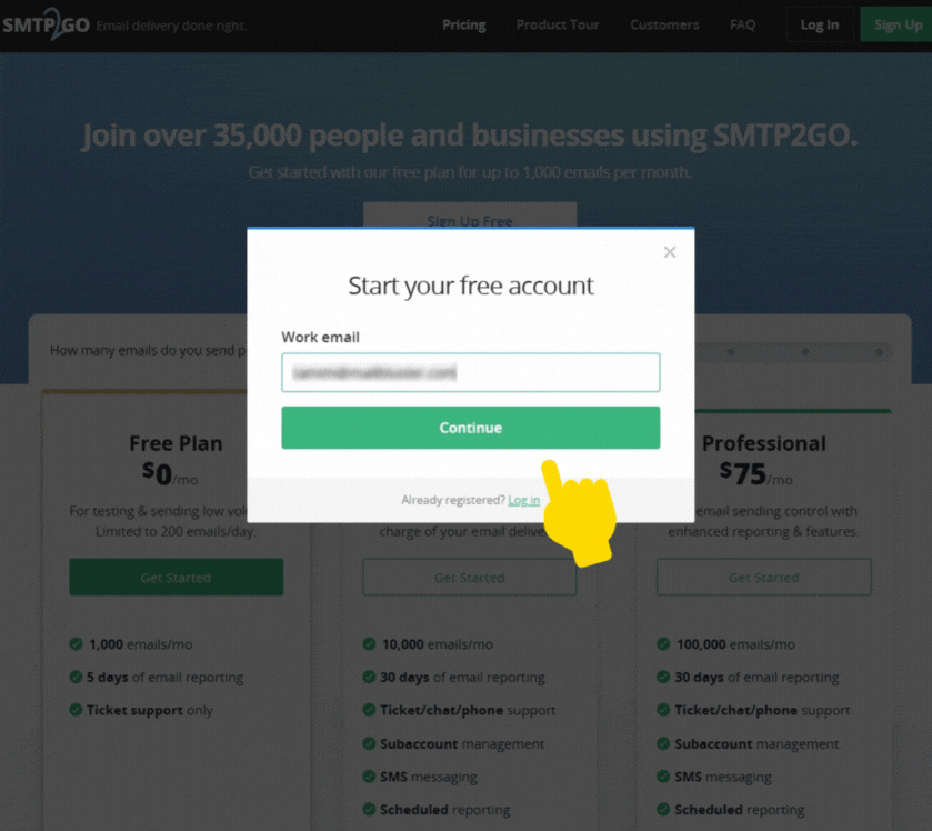 Signing up with work email on SMTP2GO