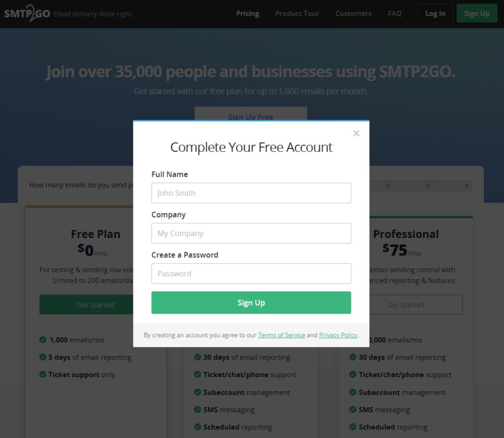 Sign up form on SMTP2GO