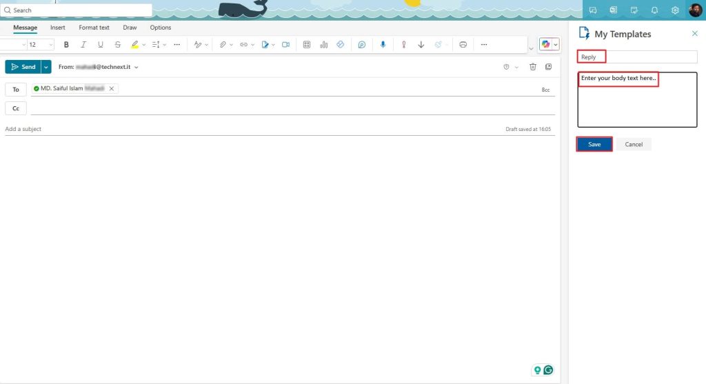 Setting template details Outlook