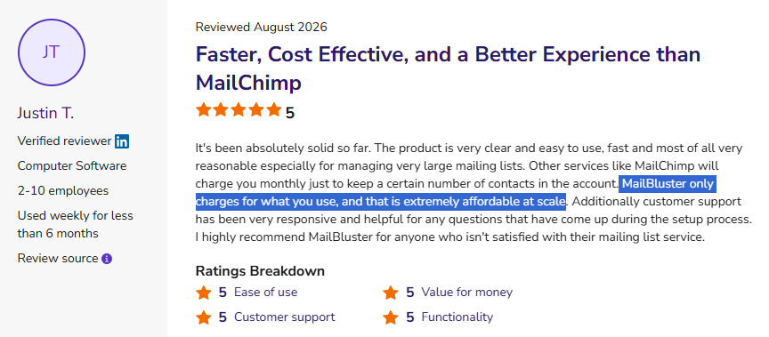 Capterra review about MailBluster