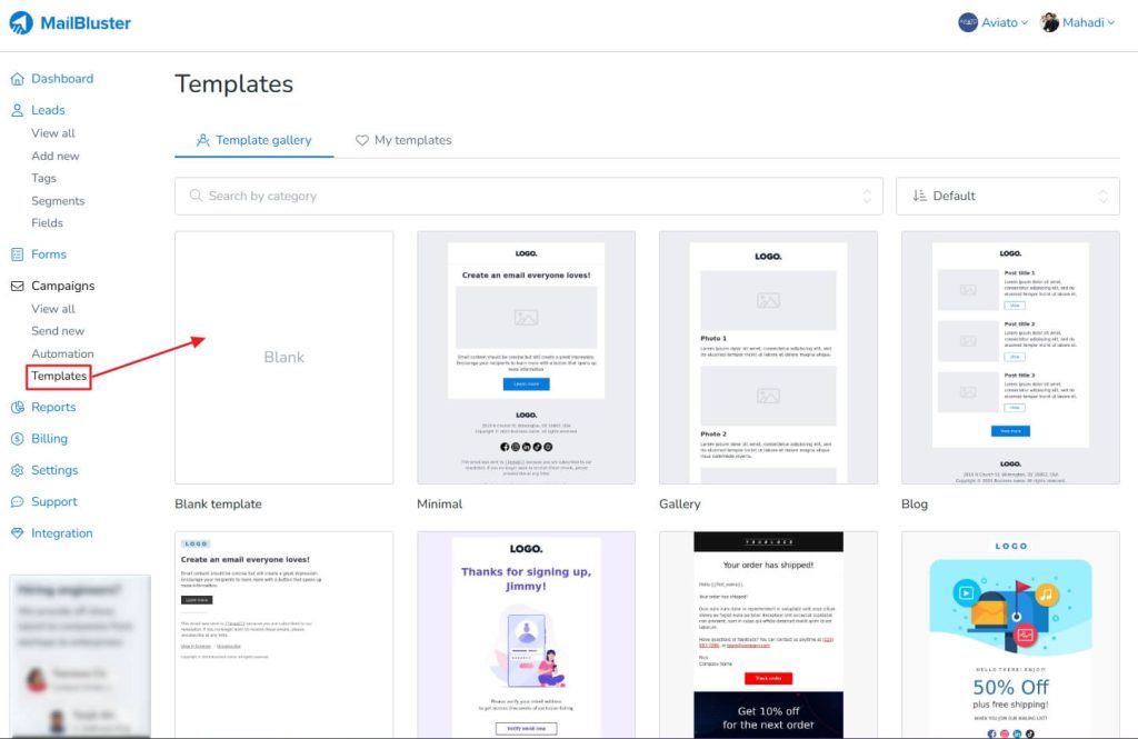 MailBluster’s template section