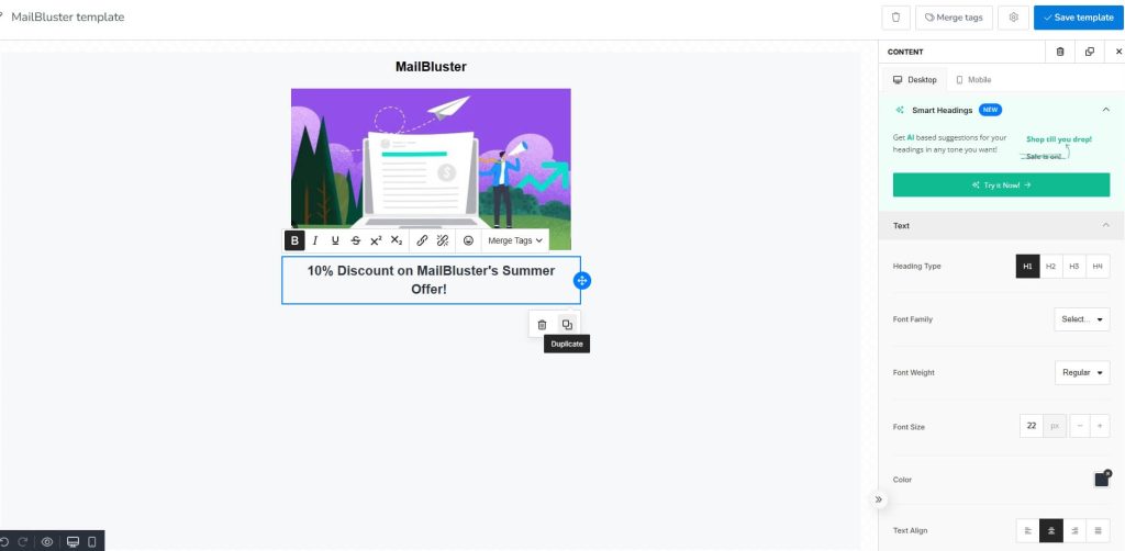 Adding heading section on MailBluster's template creation