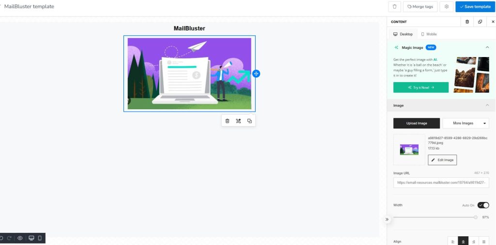 Image resizing on template editing on MailBluster
