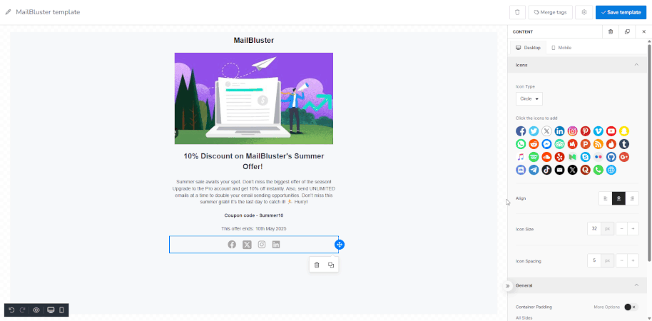 Social icon adding on MailBluster's template creation