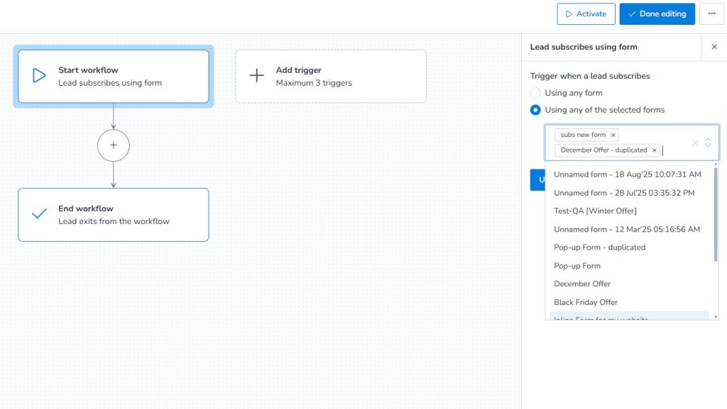 Using any of the selected forms dropdown for form selection