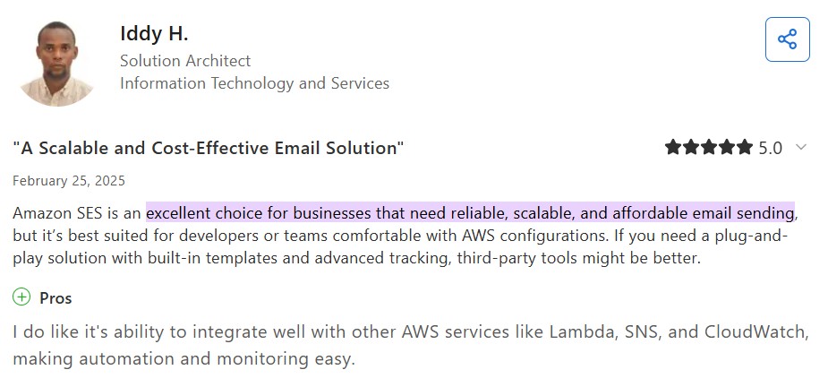 Source and alt text: Amazon SES review on Capterra from a client