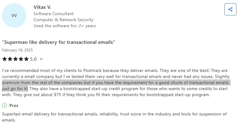Postmark review on Capterra from a client
