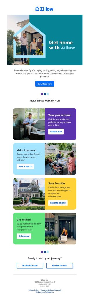 Real estate email marketing: welcome email from Zillow