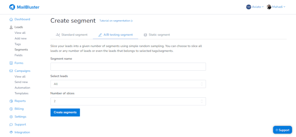 A/B testing segment on MailBluster