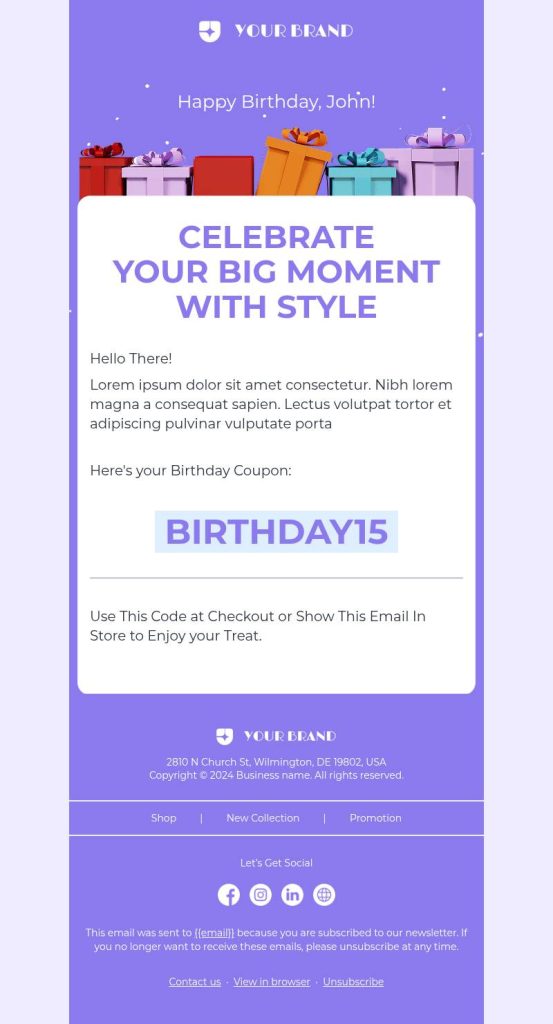Birthday coupon discount through winter newsletters