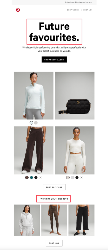 Product recommendation email through email segmentation example from Lululemon