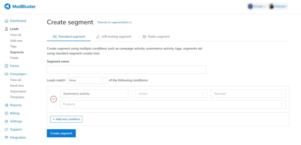 Standard segmentation in MailBluster