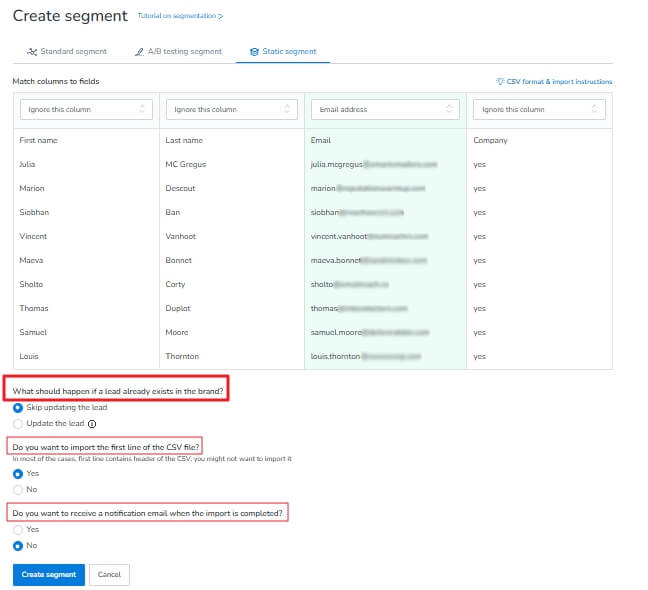 Static Segmentation on MailBluster