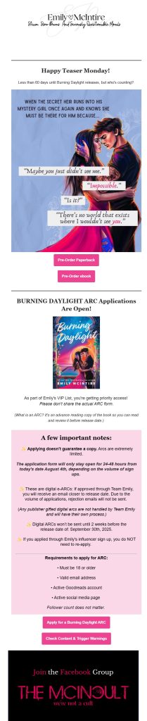 Email marketing for authors: ARC sign ups email example from Emily McIntire