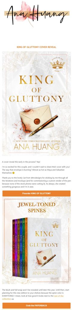 Email marketing for authors: Ana Huang’s book cover reveal email example part 1