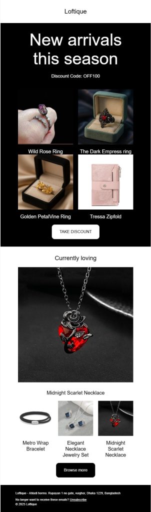 Jewelry email marketing: New arrivals jewelry email newsletter