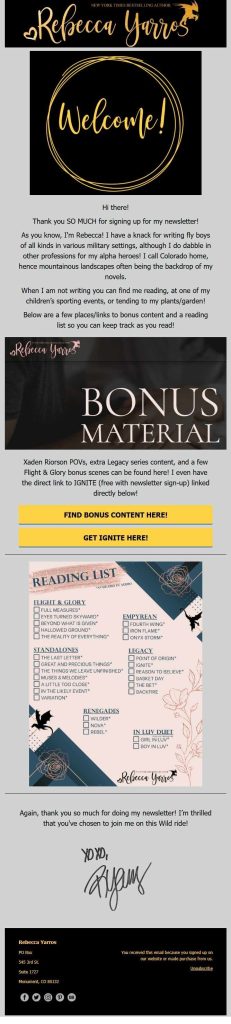 Welcome email example from author Rebecca Yarros
