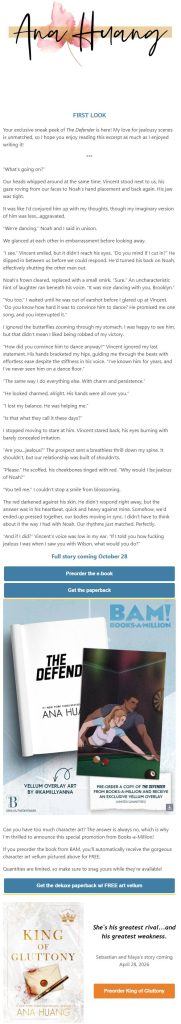 Excerpts author newsletter example from Ana Huang