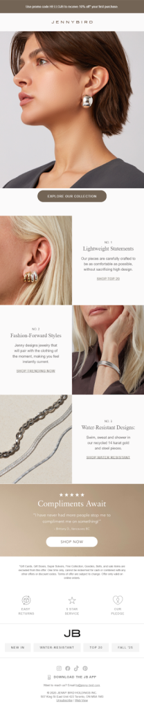 Email marketing for jewelry business: Deals and discount jewelry email newsletter from Jenny Bird