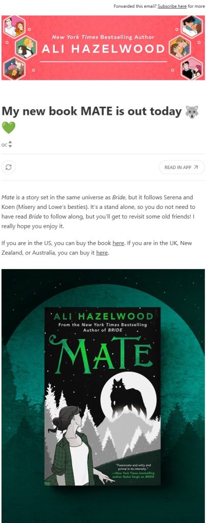 Mate by Ali Hazelwood: New book release email example part 1