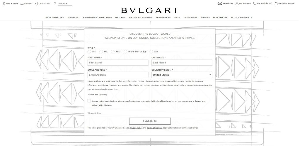 Jewelry newsletter signup landing page of Bulgari