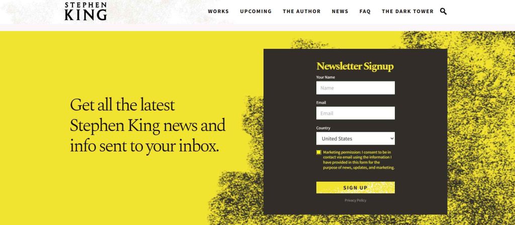 Email marketing for authors: Author Stephen King’s newsletter signup landing page
