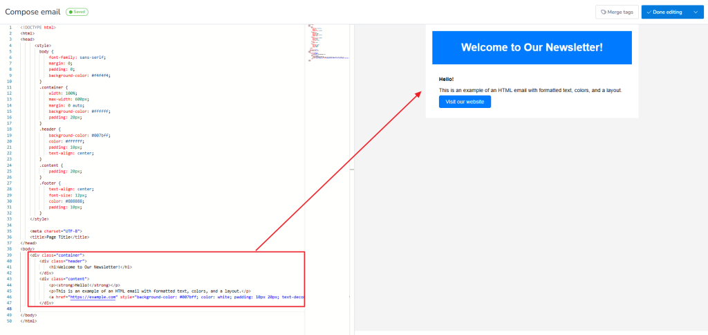 Adding content to the email body in MailBluster