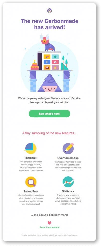 Product launch announcement email template example from Carbonmade