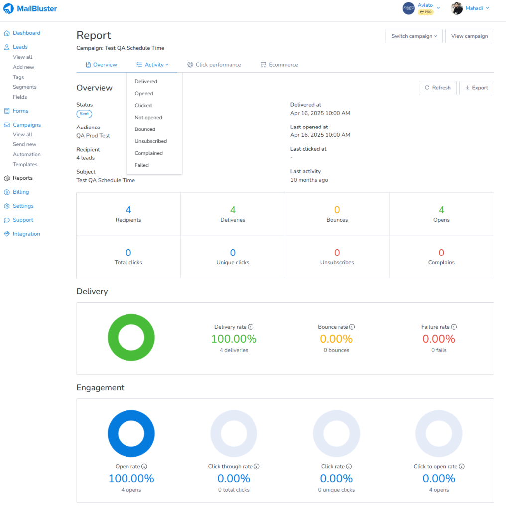 MailBluster’s report section