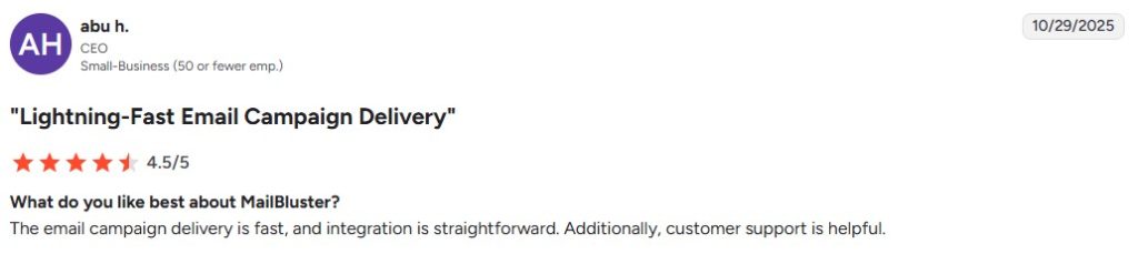 MailBluster client review from G2 2