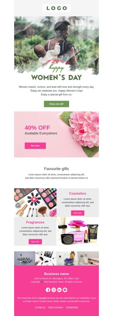 International Women’s Day email template for cosmetics and beauty brands.