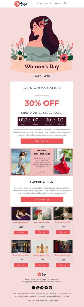 International Women’s Day email template for clothing brands.
