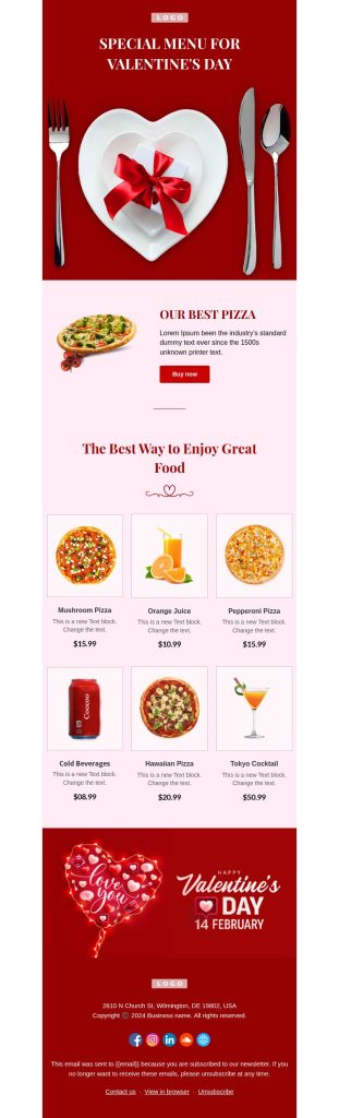 Valentine’s Day email template for the restaurant businesses.