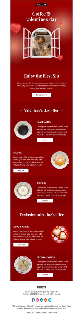 Valentine’s Day email template for cafe businesses.