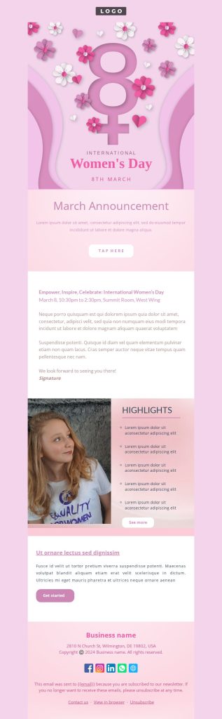 International Women’s Day celebration invitation email template.
