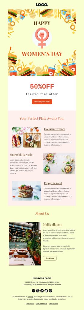 International Women’s Day email template for restaurant businesses.