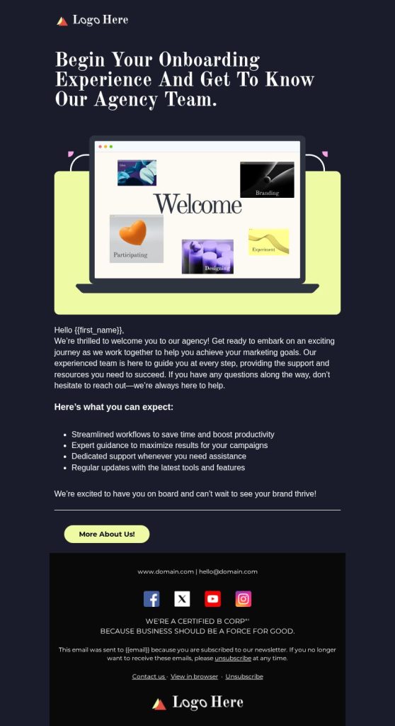 Marketing agency email templates from MailBluster: Client onboarding email template