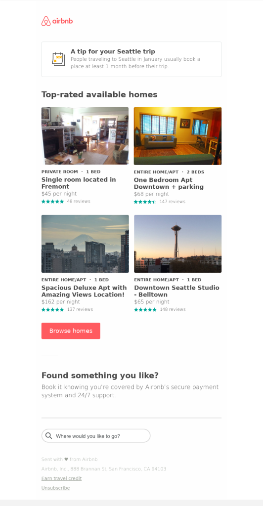 Abandoned search emails by Airbnb